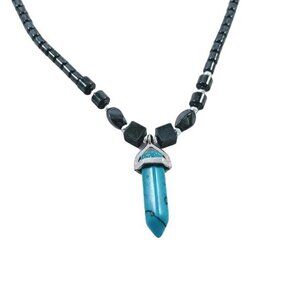 NWOT Beaded Hematite Faux Turquoise Pendulum Pendant Necklace